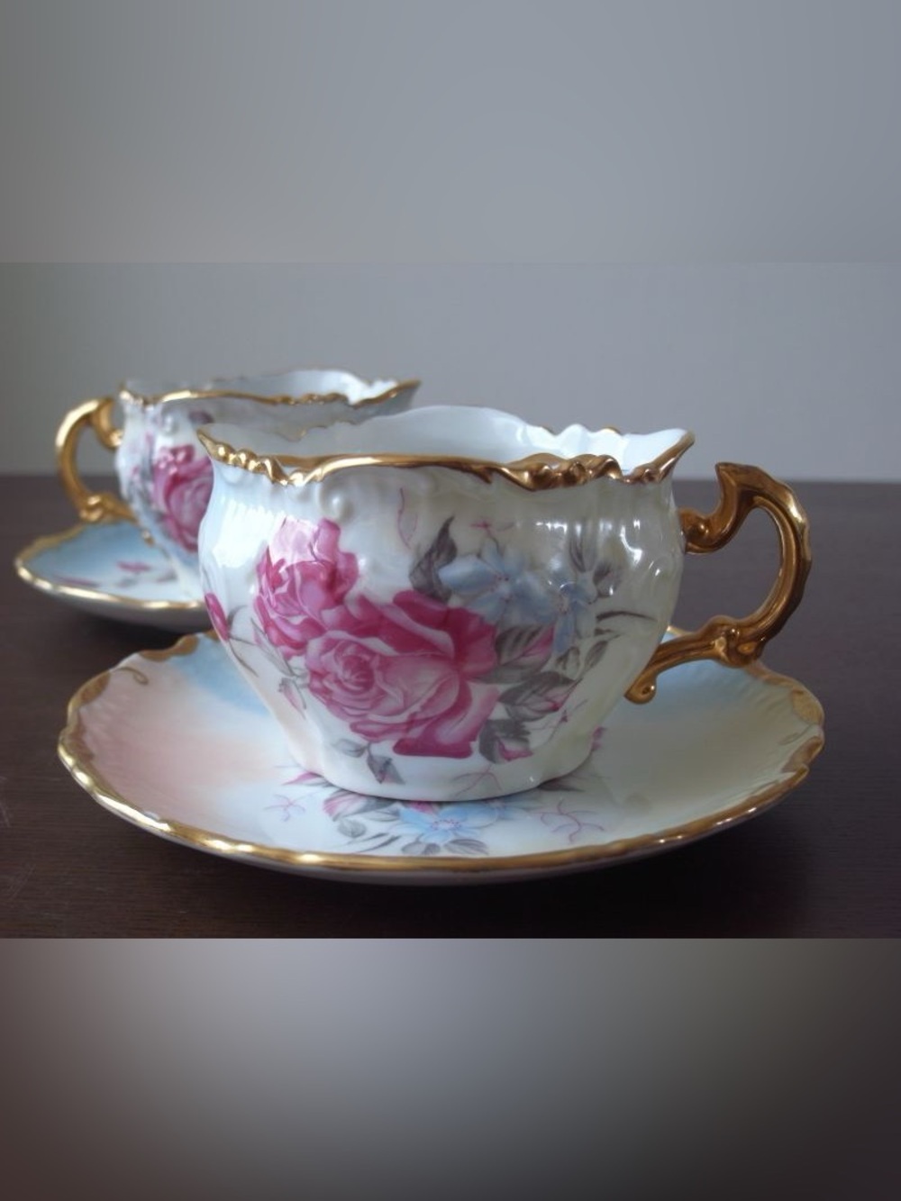 ANTIQUE BRANDENBURG
MUSTACHE TEACUP & SAUSER  GILD GERMANY 🇩🇪